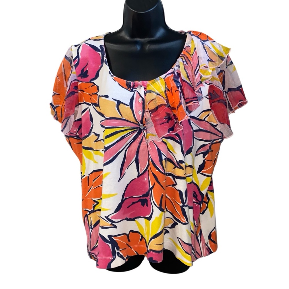 Caribbean Joe Women's Beachwear Top 100% Cotton Pink Floral Ruffle Size 2X